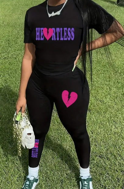 Women's Printed Round Neck T-Shirt And Leggings Set