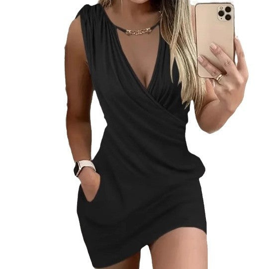 Women's Drawstring Retaining Ring V-neck Pocket Dress