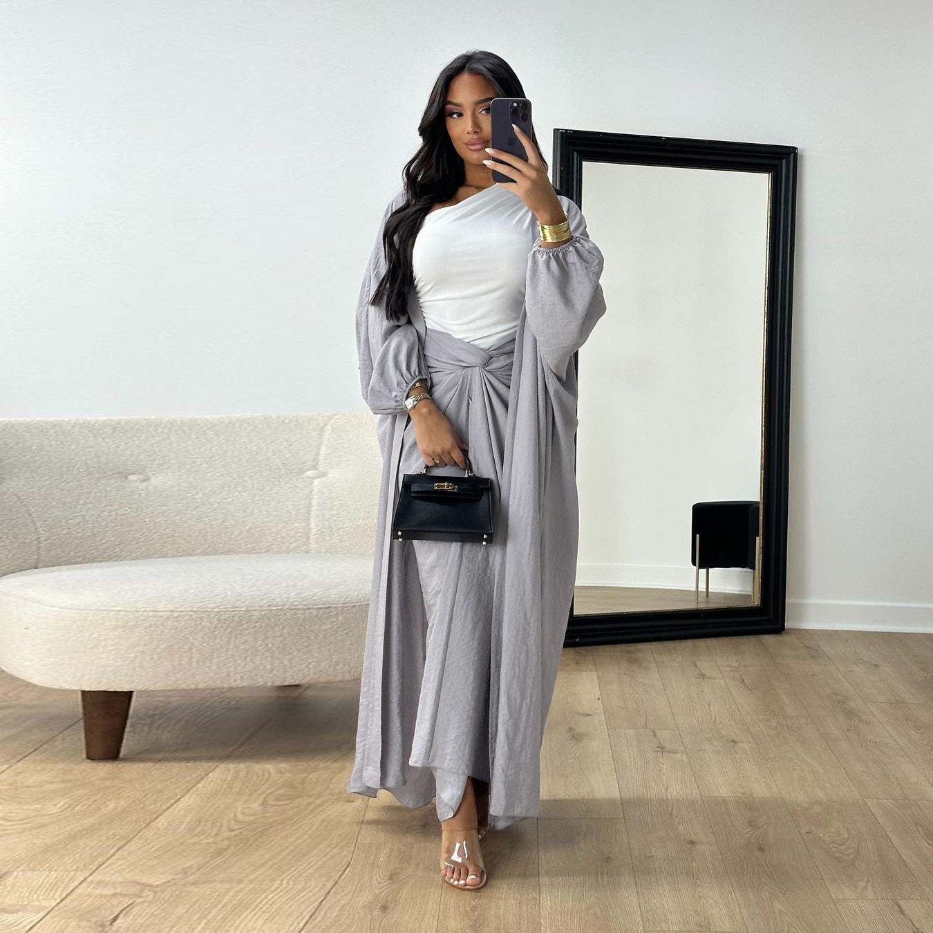 Nipped Waist Skirt Robe Two-piece Set