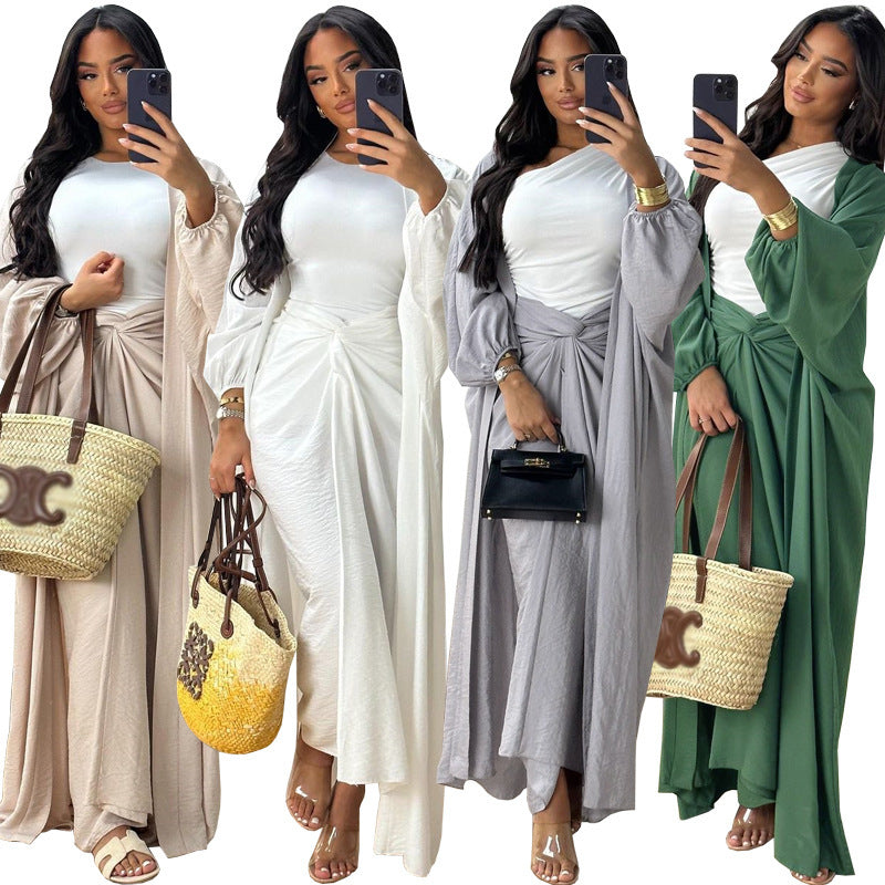 Nipped Waist Skirt Robe Two-piece Set