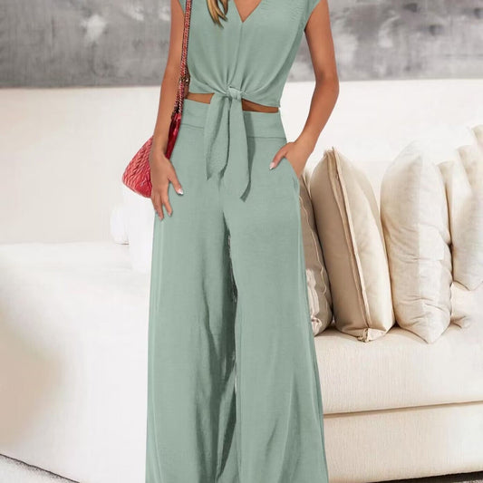 Short Top Wide Leg Pants Suit