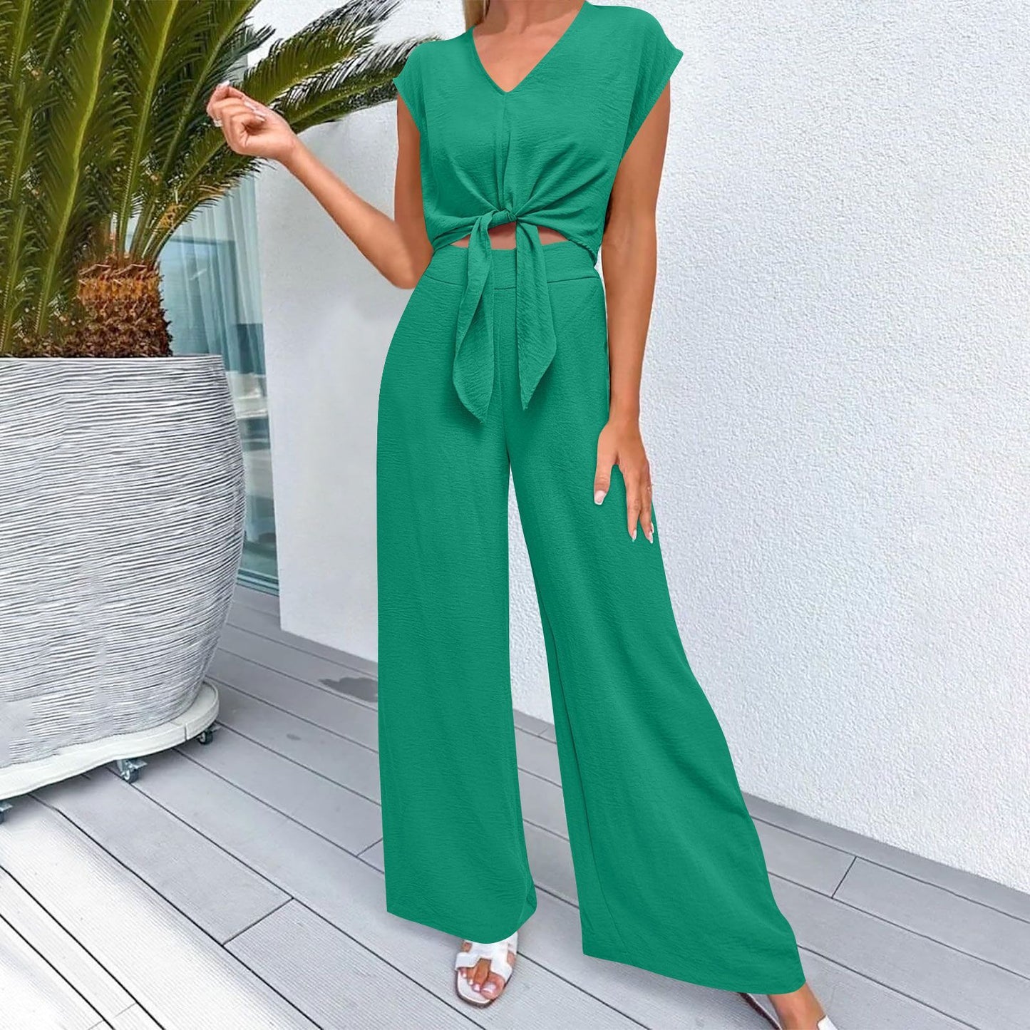 Short Top Wide Leg Pants Suit