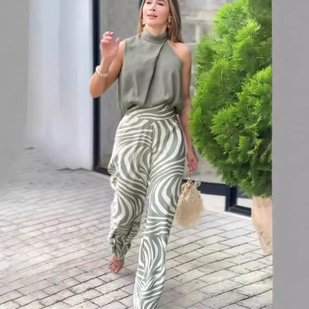 Top Zebra Print Wide Leg Pants Fashion Two-piece Suit Women's Clothing