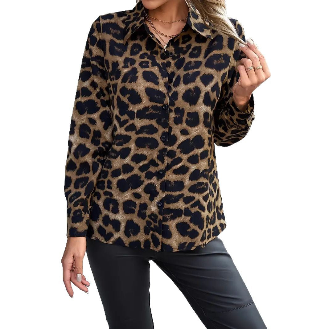 Leopard Print Collar Buckle Women's Casual Long-sleeved Shirt