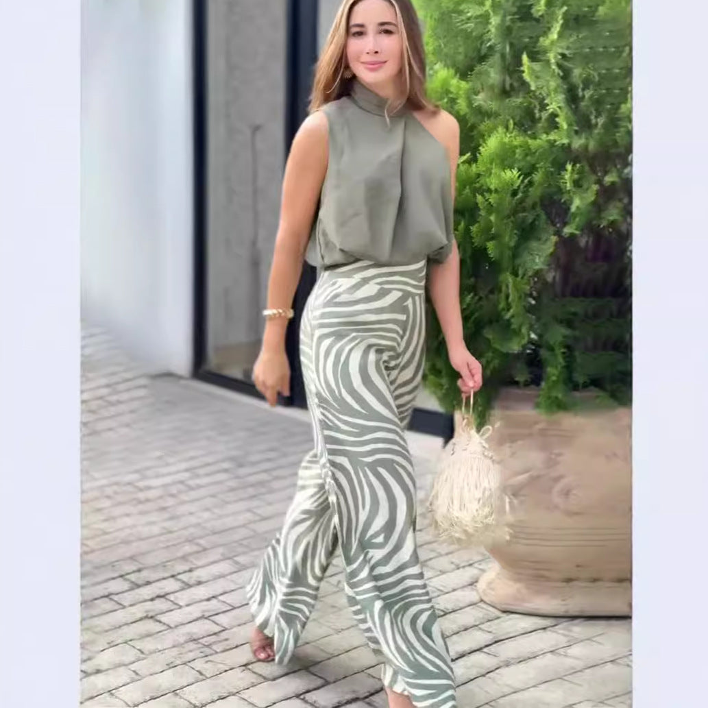 Top Zebra Print Wide Leg Pants Fashion Two-piece Suit Women's Clothing